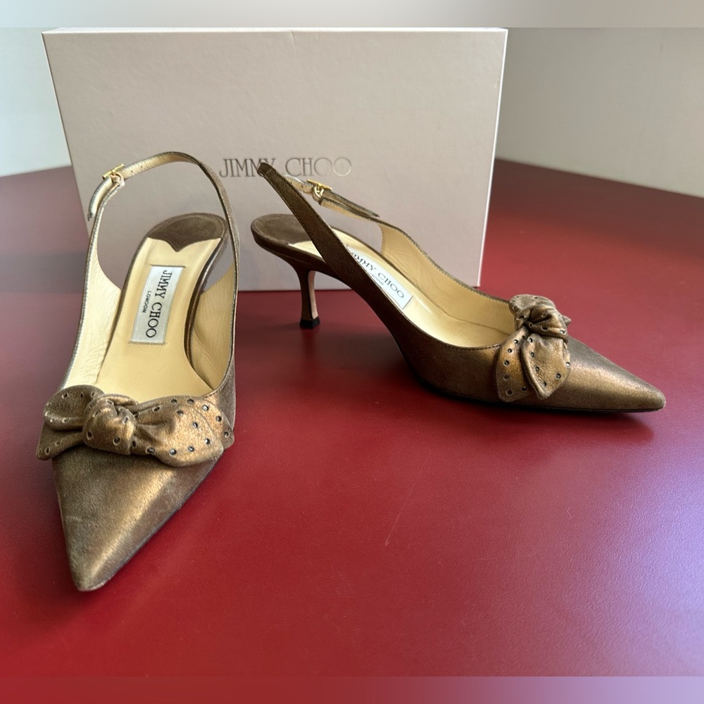 Size 37 1/2 Jimmy Choo Bronze Slingbacks with Point Toe and Bow.